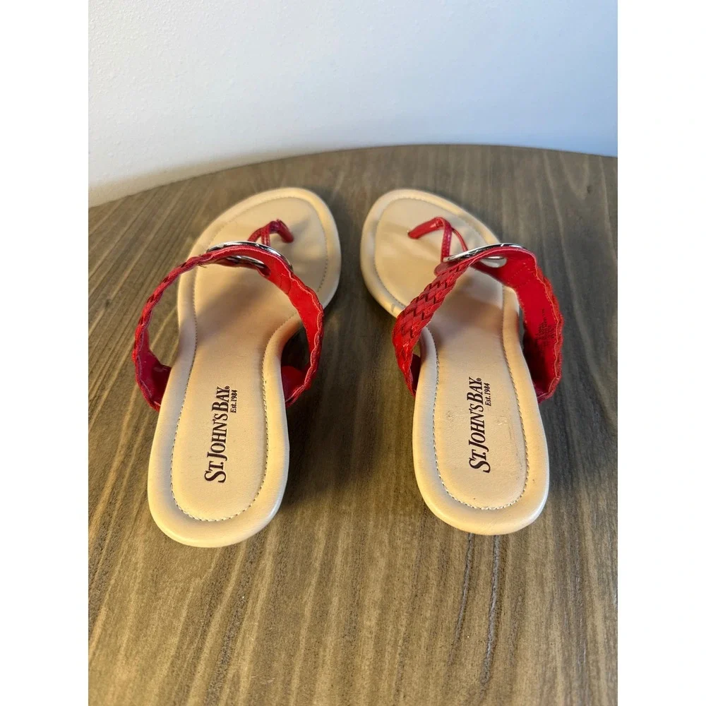 St. John's Bay Wedge Sandals Women 6 Red Braided Thong Silver Ring 19963-8‎